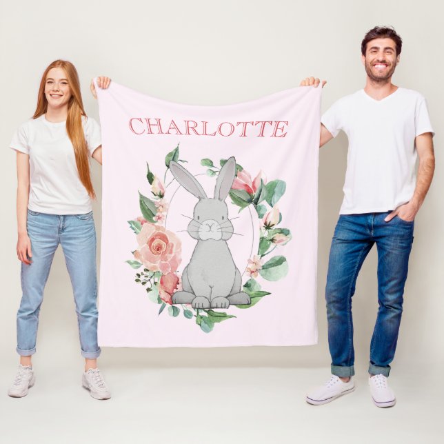 Sweet Grey Bunny Pink Floral Girl's Fleece Blanket (In Situ)