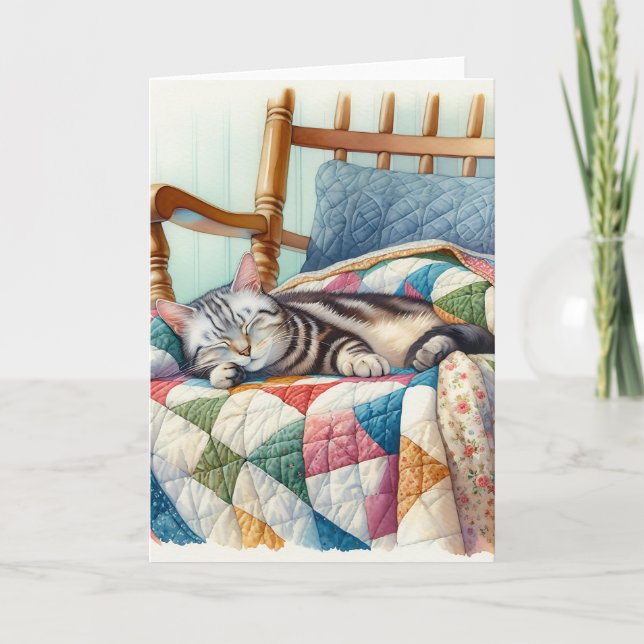 Sweet Grey Cat Sleeping on a Quilt Card (Front)