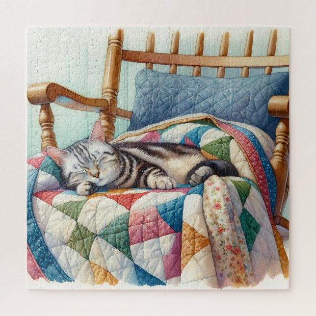 Sweet Grey Cat Sleeping on a Quilt Jigsaw Puzzle (Vertical)