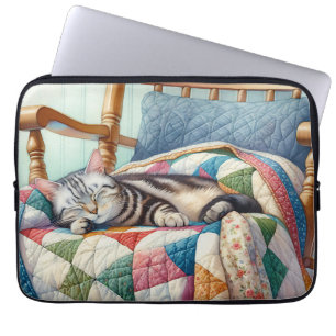 Sweet Grey Cat Sleeping on a Quilt Laptop Sleeve