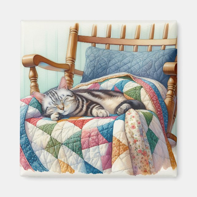 Sweet Grey Cat Sleeping on a Quilt Magnet (Front)