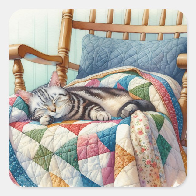 Sweet Grey Cat Sleeping on a Quilt Square Sticker (Front)