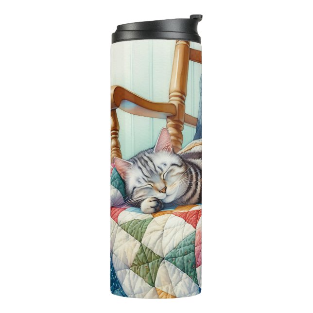 Sweet Grey Cat Sleeping on a Quilt Thermal Tumbler (Rotated Left)