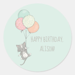 Sweet Grey Cat with Balloons Birthday Party Classic Round Sticker