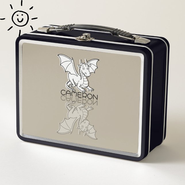 Sweet Grey Dragon Reflection Doodle Custom Name Metal Lunch Box (Creator Uploaded)