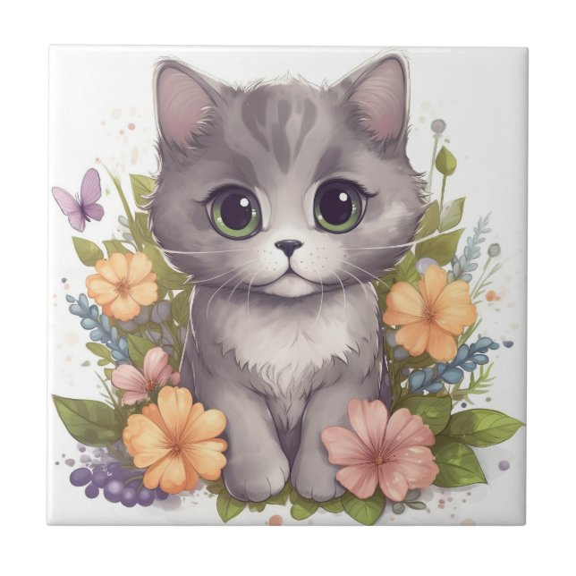 Sweet Grey Kitten with Flowers Kawaii Chibi Ceramic Tile (Front)