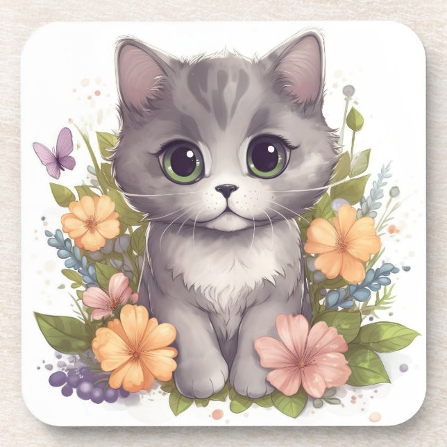Sweet Grey Kitten with Flowers Kawaii Chibi Coaster (Front)