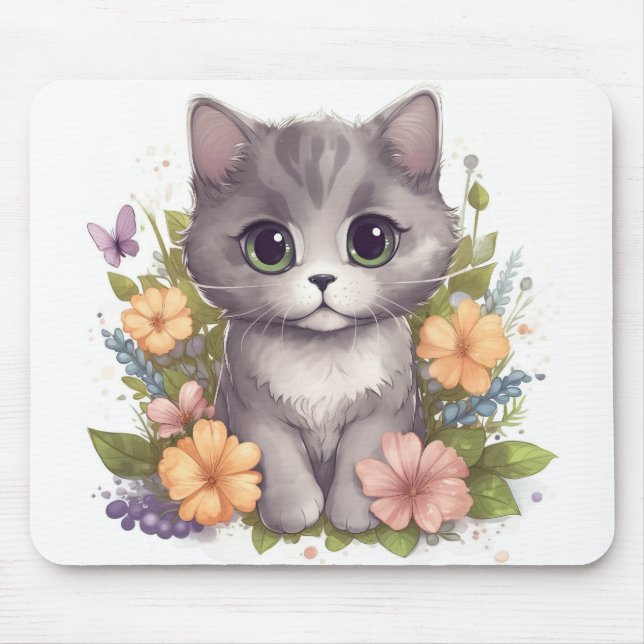 Sweet Grey Kitten with Flowers Kawaii Chibi Mouse Pad (Front)