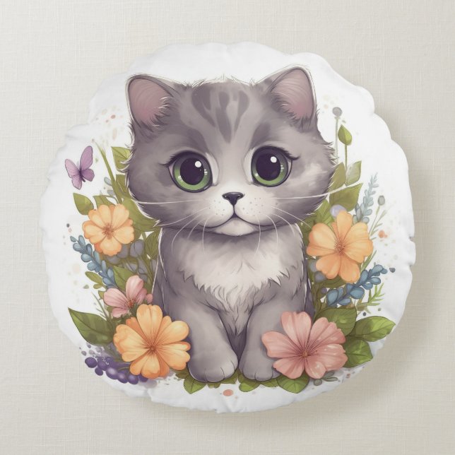 Sweet Grey Kitten with Flowers Kawaii Chibi Round Cushion (Front)