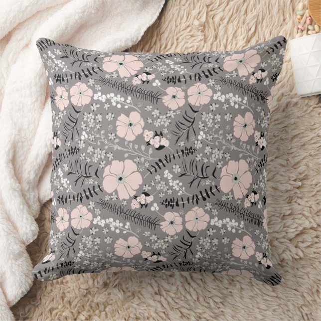 Sweet Grey Pink White Floral Pattern Throw Pillow (Blanket)