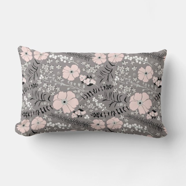 Sweet Grey Pink White Whimsical Floral Pattern Lumbar Cushion (Front)
