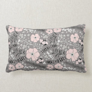 Sweet Grey Pink White Whimsical Floral Pattern Lumbar Cushion