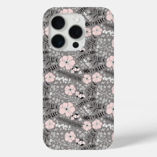 Sweet Grey Pink White Whimsical Pattern Flowers  iPhone 15 Pro Case