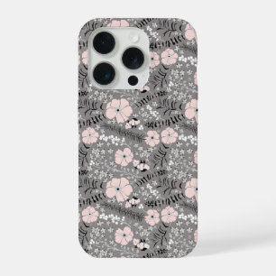 Sweet Grey Pink White Whimsical Pattern Flowers iPhone 15 Pro Case