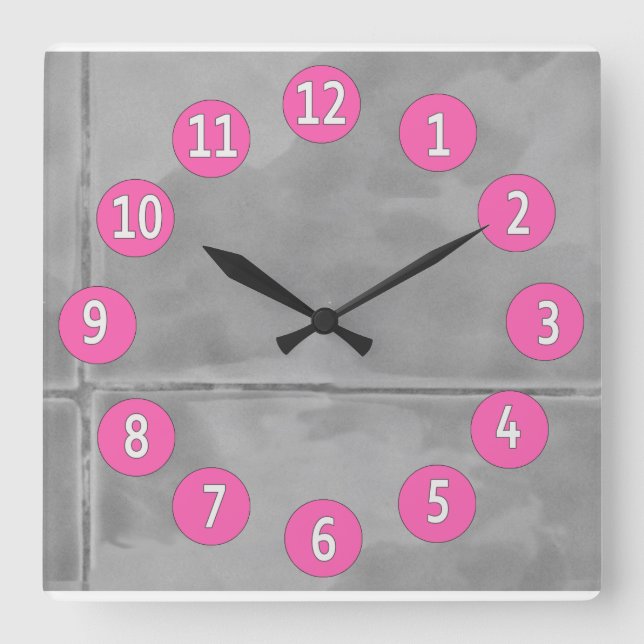 Sweet Grey Tiles with White Digits Pink Details Square Wall Clock (Front)