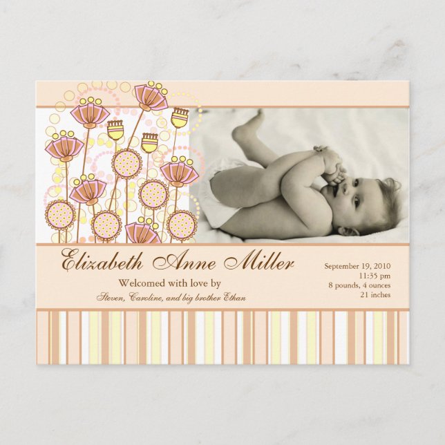 Sweet Groovy Blooms Baby Announcement Postcard (Front)