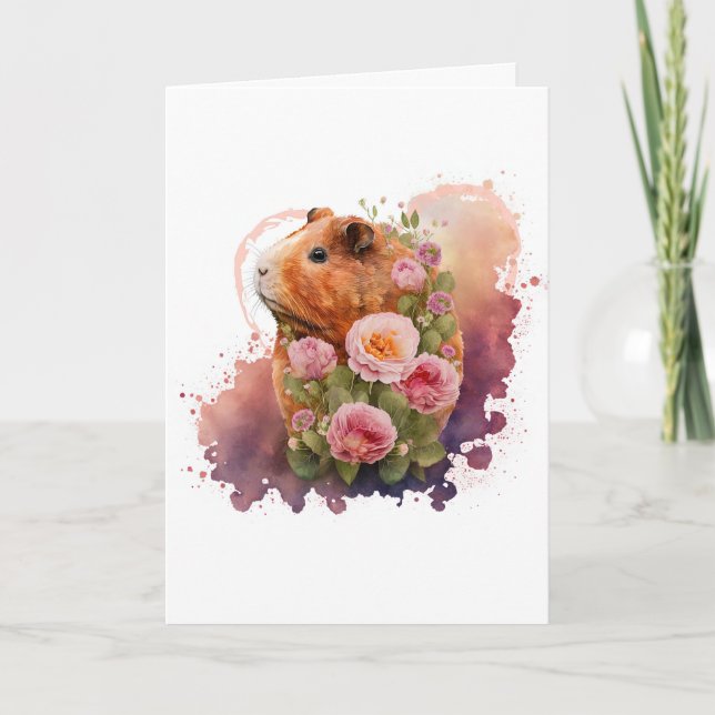 Sweet Guinea Pig in Pink Flowers Valentine's Day Holiday Card (Front)