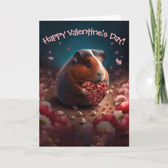 Sweet Guinea Pig with Flower Heart Valentine's Day Holiday Card (Front)