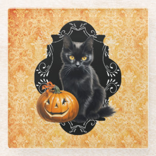 Sweet Halloween Black Cat and Pumpkin Glass Coaster