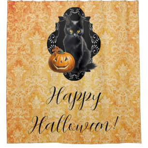 Sweet Halloween Black Cat and Pumpkin Shower Curtain
