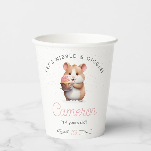 Sweet Hamster, Pink Cupcake Children's Birthday  Paper Cups (Front)