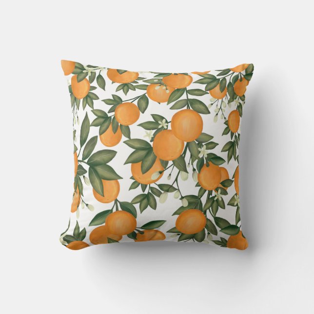 Sweet Hand-Painted Botanical Citrus Orange Pattern Cushion (Front)