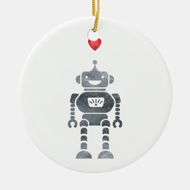 Sweet, Happy Robot with Little Red Heart Ceramic Ornament (Front)