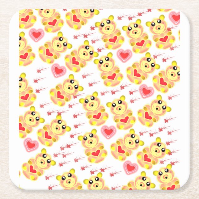 Sweet Heart Bear Nursery Pattern Square Paper Coaster (Front)