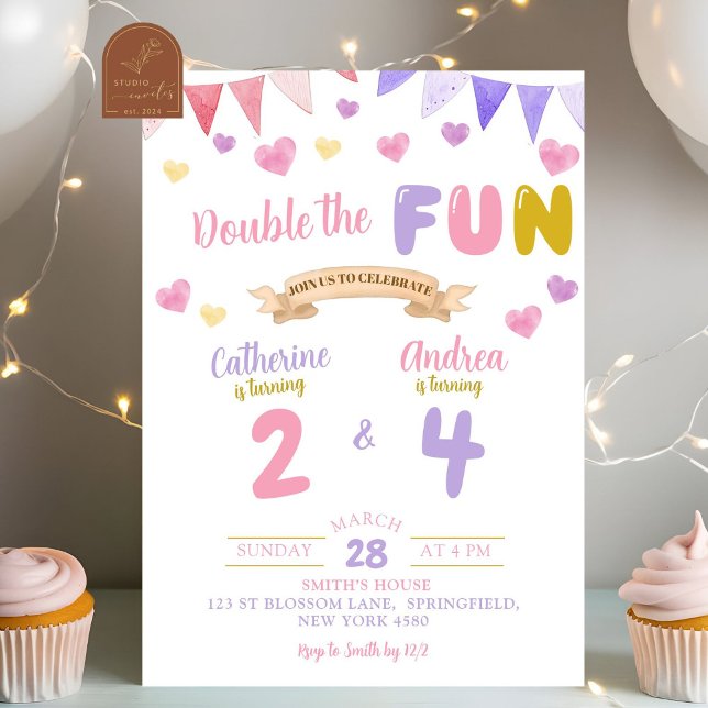 Sweet Heart Double The Fun Girl Joint Birthday Invitation (Creator Uploaded)
