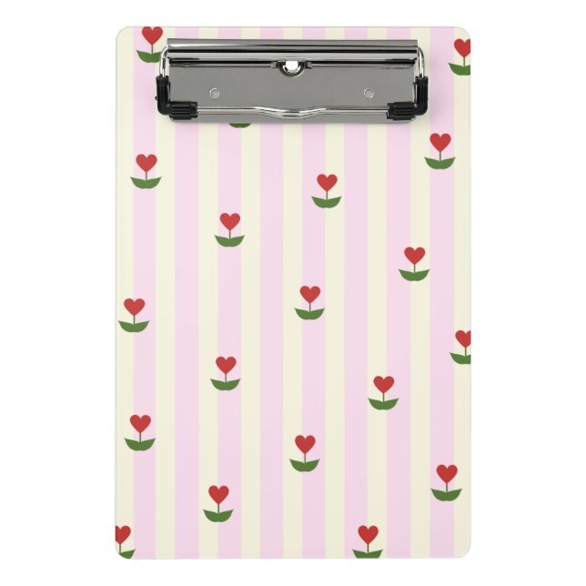 Sweet Heart Flower Pattern – Soft Pink Striped  Mini Clipboard (Front)