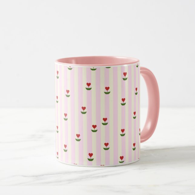 Sweet Heart Flower Pattern – Soft Pink Striped  Mug (Front Right)