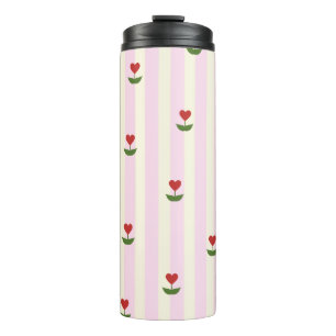 Sweet Heart Flower Pattern – Soft Pink Striped Thermal Tumbler