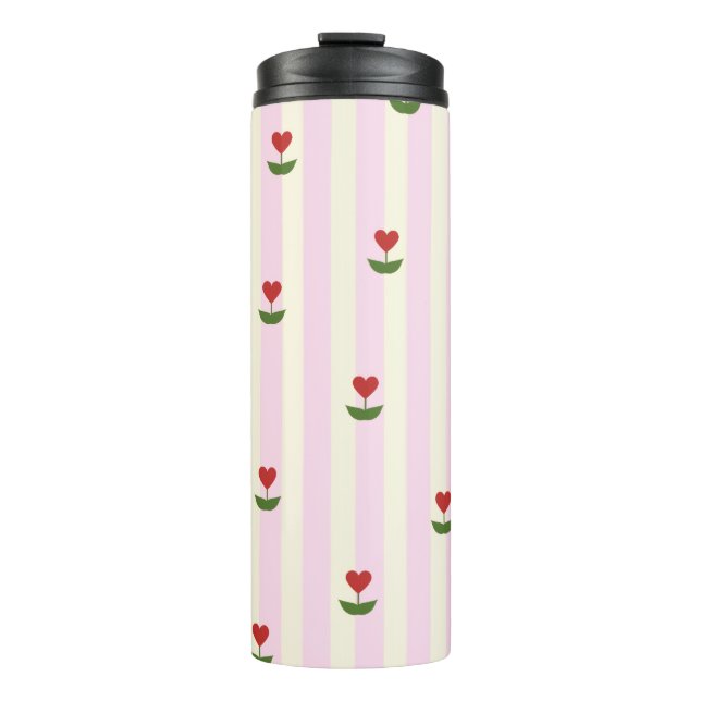 Sweet Heart Flower Pattern – Soft Pink Striped  Thermal Tumbler (Front)