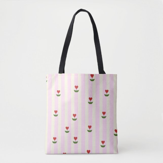 Sweet Heart Flower Pattern – Soft Pink Striped  Tote Bag (Front)