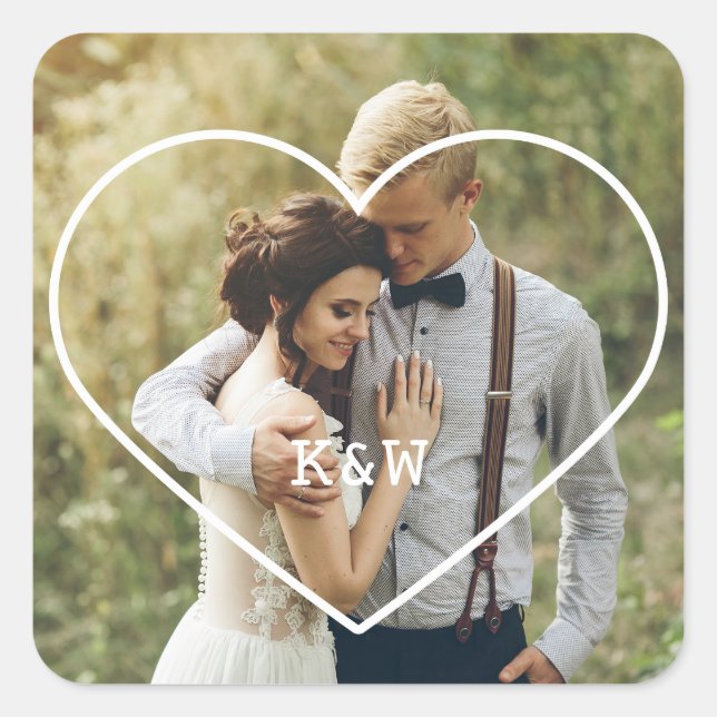 Sweet Heart Frame Monogrammed Wedding Photo Square Sticker (Front)