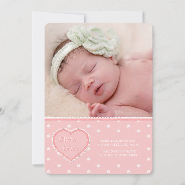 Sweet Heart Pink Photo Birth Announcement (Front)