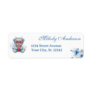 Sweet Heart Teddy Bear Blue Baby Shower Return Address Label