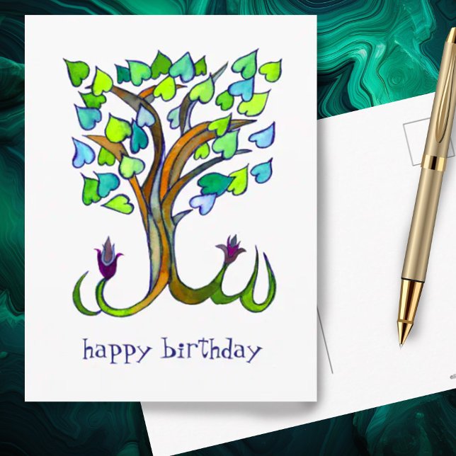 Sweet Heart Tree HAPPY BIRTHDAY CUSTOM Postcard (Pretty heart shaped leaves on this watercolor tree makes a cute custom birthday postcard)