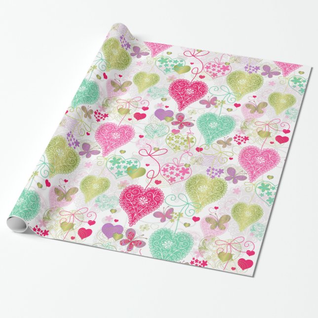 Sweet Hearts and Butterflies Wrapping Paper (Unrolled)