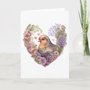 Sweet Hen with Pink Flowers for Valentine's Day Holiday Card