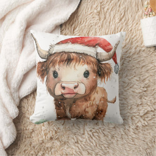 Sweet Highland Cow in Santa Hat White Cushion