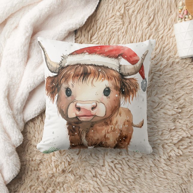 Sweet Highland Cow in Santa Hat White Cushion (Blanket)