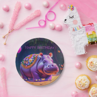 Sweet hippopotamus for a birthday paper plate