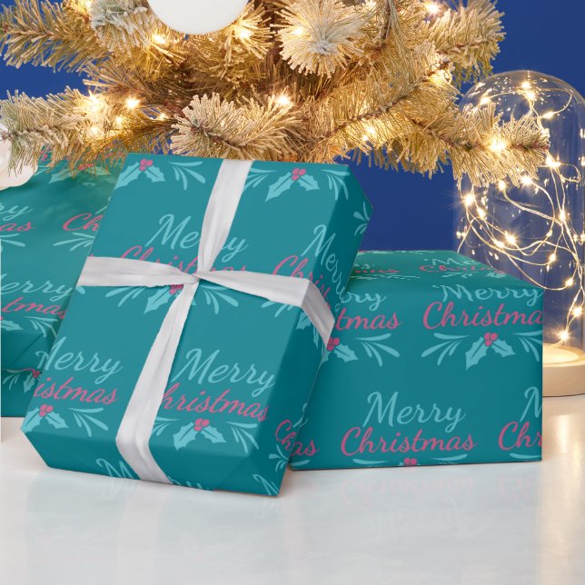 Sweet Holiday Turquoise And Pink Merry Christmas Wrapping Paper (Holidays)