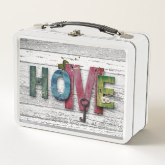 Sweet Home Wood Board Plank Wall Key Tea Milk Metal Lunch Box