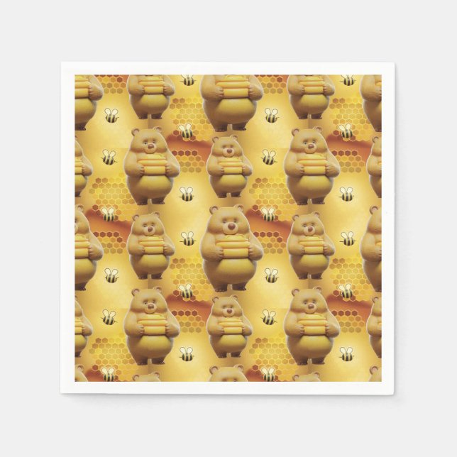 Sweet Honey Bears and Bees 3D Seamless Pattern Napkin (Front)