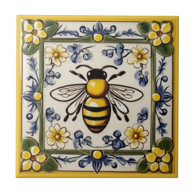Sweet Honey Bee Blue Yellow & Green Mediterranean Ceramic Tile (Front)