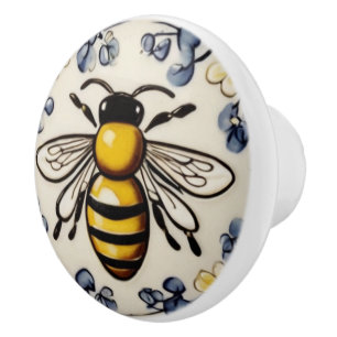 Sweet Honey Bee Blue Yellow Mediterranean Ceramic Knob