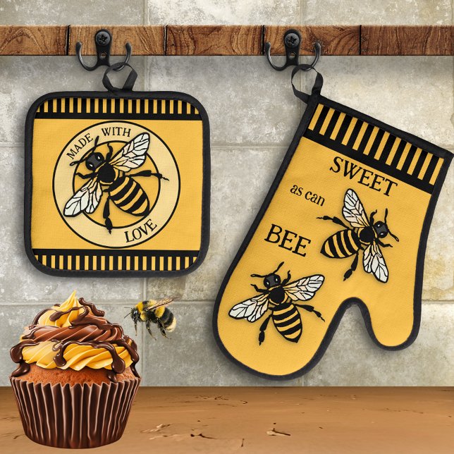 Sweet Honey Bee Ochre Black Oven Mitt & Pot Holder Set (Oven mitt and pot holder set featuring honey bees on an ocher black design - baking - chef - pastry)