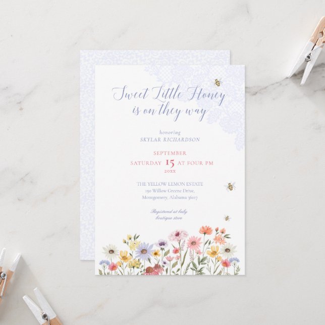 Sweet Honey Bee Wildflowers & Lace Baby Shower Invitation (Front/Back In Situ)
